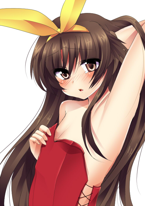 masayu, naoe riki, little busters!, bad id, bad pixiv id, 1boy, arm up, armpits, blush, brown eyes, brown hair, crossdressing, crossdressing (mtf), hair ribbon, long hair, male focus, ribbon, solo, tears, trap