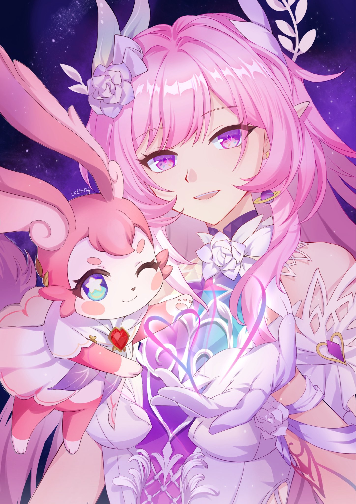 celtreny, cyrene (honkai: star rail), cyrene (ripples of past reverie) (honkai: star rail), mem (honkai: star rail), honkai: star rail, honkai (series), commentary, english commentary, highres, 1girl, artist name, bare shoulders, breasts, diamond-shaped pupils, diamond (shape), dual persona, earrings, gloves, hand up, jewelry, long hair, looking at viewer, medium breasts, open mouth, pink hair, pointy ears, purple eyes, sidelocks, smile, symbol-shaped pupils, upper body, white gloves