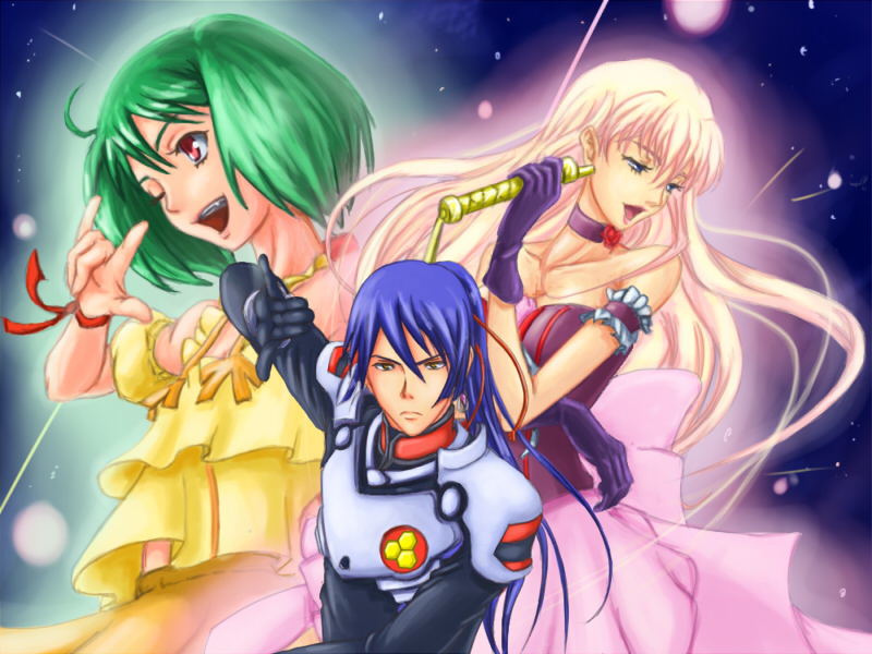sakku, ranka lee, saotome alto, sheryl nome, macross, macross frontier, pilot suit, bad id, bad pixiv id, check pixiv source, 00s, 1boy, 2girls, m/, blonde hair, blue eyes, blue hair, green hair, long hair, multiple girls, one eye closed, ponytail, spacesuit, wink, yellow eyes