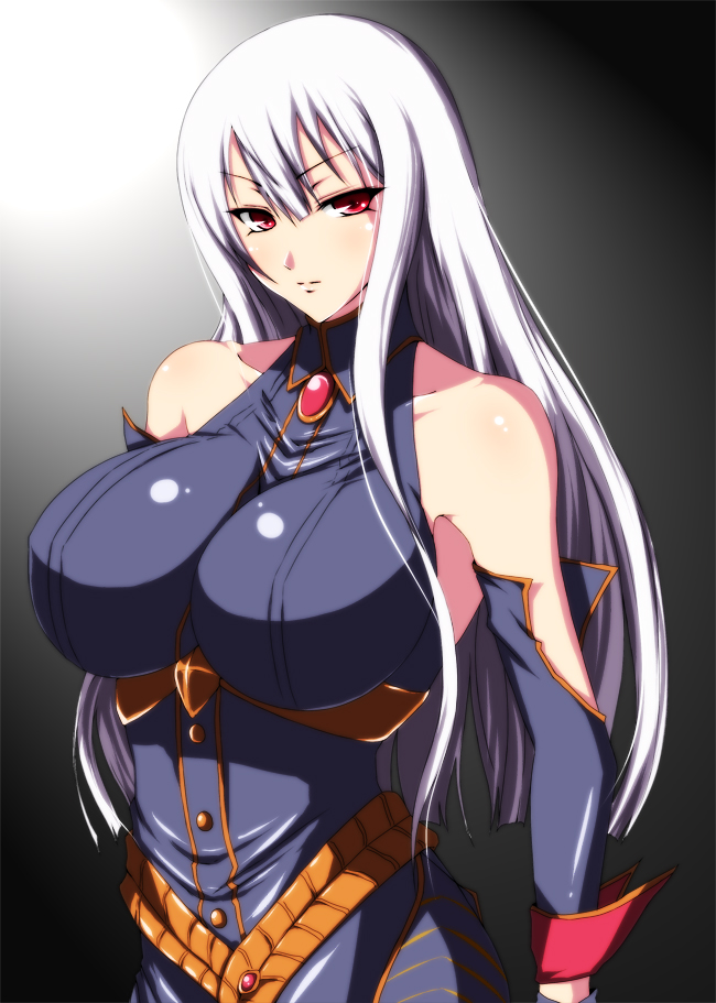 iwamoto eiri, selvaria bles, senjou no valkyria, senjou no valkyria (series), senjou no valkyria 1, silver hair, bad id, bad pixiv id, 00s, 1girl, bare shoulders, breasts, female focus, gloves, large breasts, long hair, red eyes, solo