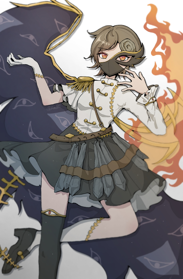 hiratose02 (mxx 459), iwanaga ariya, fossilized wonders, touhou, 1girl, adapted costume, alternate costume, asymmetrical wings, belt, black shoes, black skirt, bone, brown hair, epaulettes, eye print, eyes on wings, fiery wings, gloves, kneehighs, leg up, mask, mask over one eye, red eyes, shirt, shoes, short hair, single epaulette, single glove, skeletal clothes, skeletal tail, skeletal wings, skirt, socks, solo, spinal cord, tail, twitter username, white shirt, wings