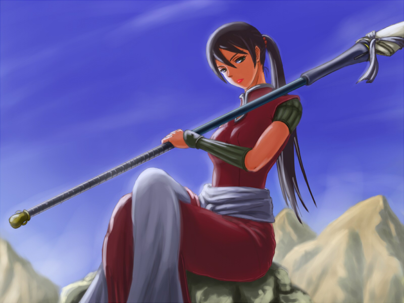 sakku, balsa, seirei no moribito, bad id, bad pixiv id, 1girl, brown eyes, brown hair, day, female focus, lips, polearm, ponytail, sitting, sky, solo, spear, weapon