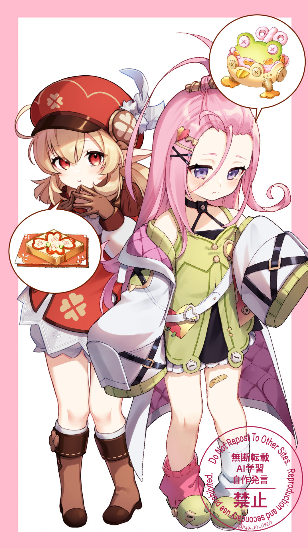 yu ri 0320, aino (genshin impact), klee (genshin impact), genshin impact, highres, 2girls, asymmetrical legwear, bandaid, bandaid on leg, blonde hair, boots, border, brown boots, brown gloves, closed mouth, coat, dress, full body, gloves, green slippers, hair between eyes, long hair, long hair between eyes, long sleeves, looking at viewer, mismatched legwear, multiple girls, open clothes, open coat, pink border, pink hair, pink socks, pointy ears, purple eyes, red dress, red eyes, short hair, slippers, socks, standing, uneven legwear, white background, white coat, white socks