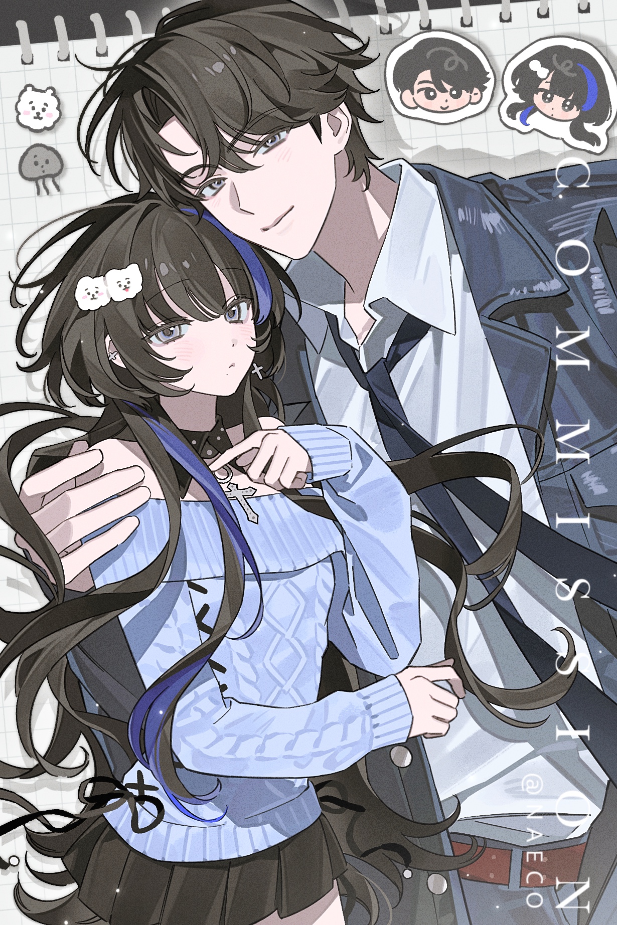 evodtonaeco, original, highres, 1boy, 1girl, belt, black hair, black necktie, black skirt, blue hair, blue sweater, brown hair, chibi, choker, collar, collared shirt, earrings, hair between eyes, hair ornament, hand on another's shoulder, hetero, jacket, jewelry, long hair, long sleeves, miniskirt, multicolored hair, necktie, off shoulder, open clothes, open jacket, pants, parted bangs, pleated skirt, shirt, short hair, skirt, sleeves past wrists, streaked hair, sweater, very long hair, white shirt