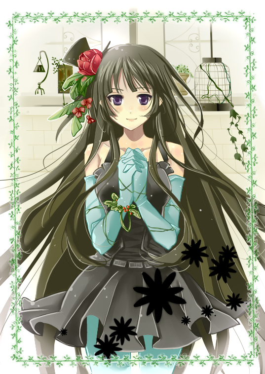platinumcorundum, akiyama mio, don't say "lazy", k-on!, bad id, bad pixiv id, 00s, 1girl, black eyes, black hair, blue pantyhose, blunt bangs, elbow gloves, female focus, flower, gloves, hair ornament, hat, hime cut, mini hat, mini top hat, miniskirt, pantyhose, pleated skirt, purple eyes, skirt, smile, solo, standing, top hat