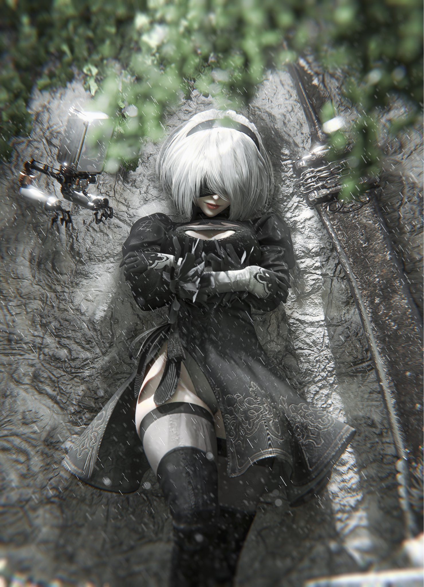 devy (hapidevy), 2b (nier:automata), pod (nier:automata), nier:automata, nier (series), highres, 1girl, beastlord (sword), black thighhighs, covered eyes, crossed arms, juliet sleeves, long sleeves, puffy sleeves, rain, short hair, thighhighs, white hair