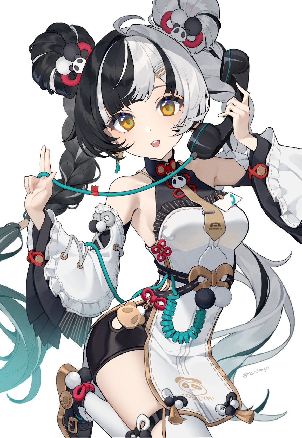 usamochi., dialyn (zenless zone zero), zenless zone zero, braided twintails, commentary, highres, 1girl, ahoge, animal print, bear print, braid, breasts, chinese clothes, corded phone, detached sleeves, earrings, hair bun, hair ornament, hairclip, jewelry, medium breasts, multicolored hair, necktie, panda, panda hair ornament, panda print, phone, shoes, solo, split-color hair, tassel, teeth, upper teeth only, wire, yellow eyes