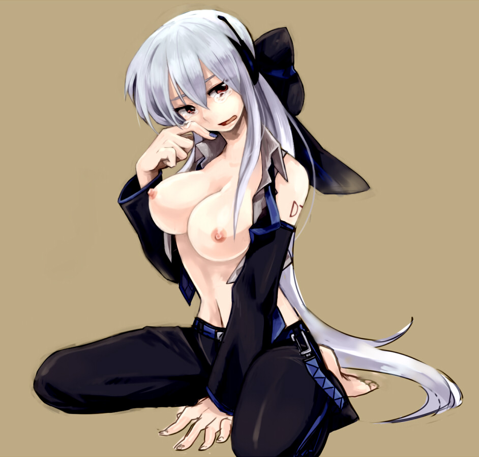 toudou charo, tr, yowane haku, vocaloid, silver hair, bad id, bad pixiv id, 1girl, bare shoulders, barefoot, bow, breasts, detached sleeves, female focus, hair bow, large breasts, long hair, navel, nipples, open clothes, open shirt, red eyes, shirt, sitting, solo, tears, very long hair, wariza
