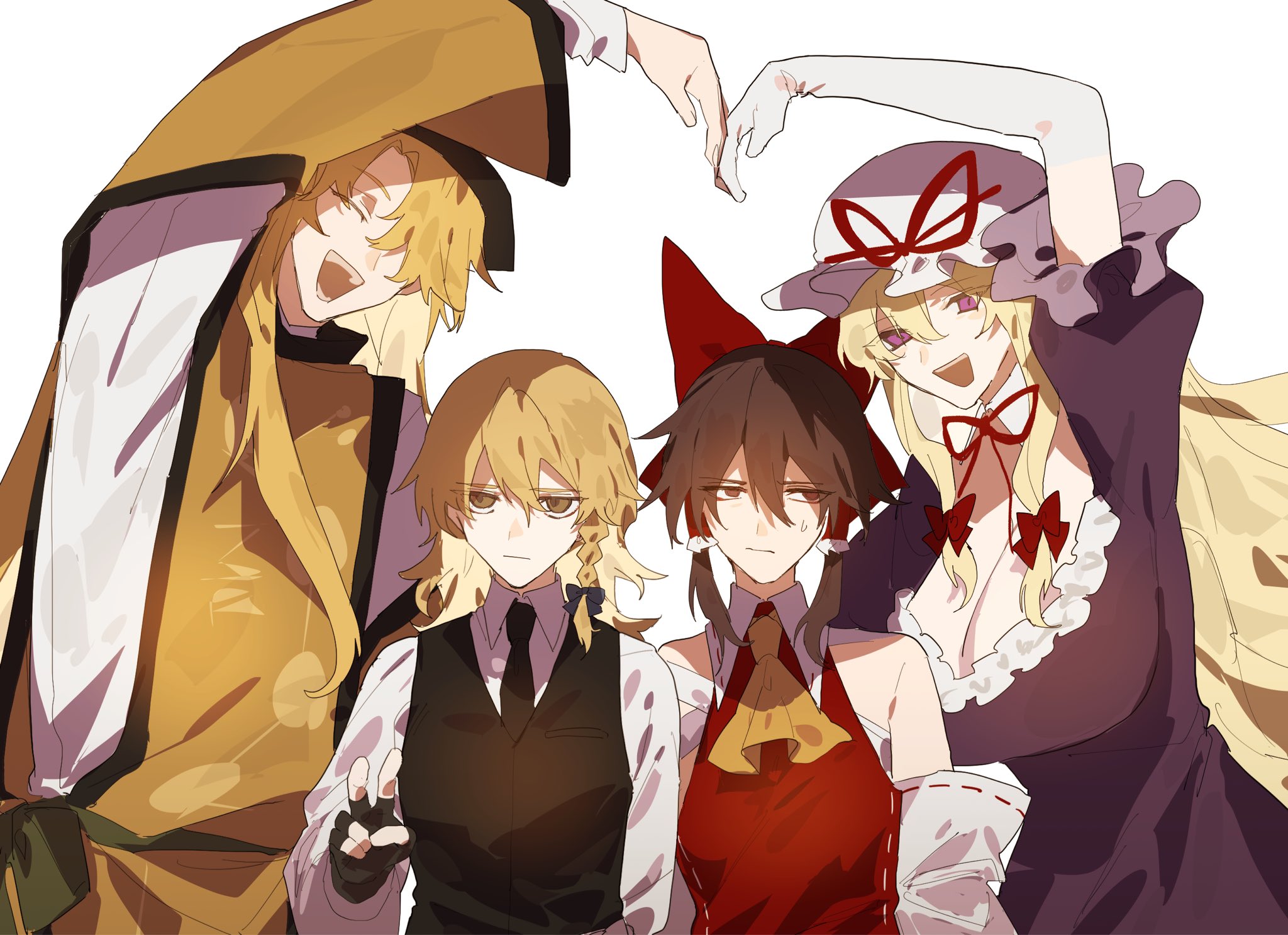 fuuga (perv rsity), hakurei reimu, kirisame marisa, matara okina, yakumo yukari, touhou, commentary request, highres, 4girls, :/, :d, ^ ^, arm up, ascot, bare shoulders, black gloves, black hat, black necktie, black vest, blonde hair, bow, braid, breasts, brown hair, choker, cleavage, closed eyes, closed mouth, collared shirt, detached sleeves, fingerless gloves, frilled hair tubes, frills, gloves, green skirt, hair bow, hair tubes, hat, hat ribbon, heart arms, heart arms duo, large breasts, long hair, long sleeves, looking at viewer, mob cap, multiple girls, necktie, open mouth, orange tabard, purple eyes, red bow, red eyes, red ribbon, red shirt, ribbon, ribbon choker, shirt, side braid, simple background, single braid, skirt, sleeveless, sleeveless shirt, smile, tabard, v, very long hair, vest, white background, white shirt, yellow ascot