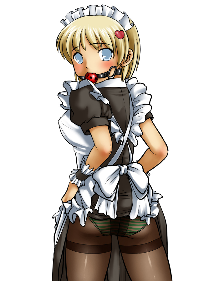 sandansu, 1girl, ass, ball gag, bdsm, blonde hair, blue eyes, blush, bondage, bound, clothes lift, crotch seam, female focus, gag, gagged, looking back, maid, panties, panties under pantyhose, pantyhose, skirt, skirt lift, solo, striped clothes, striped panties, thighband pantyhose, underwear, upskirt, wiffle gag