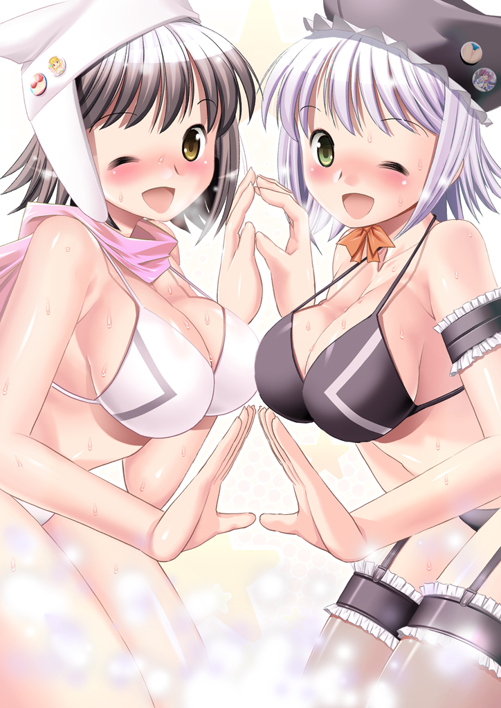 zouzou, original, asymmetrical docking, bikini, blush, breast press, breasts, brown hair, cleavage, garter belt, garter straps, green eyes, hat, large breasts, legs, one eye closed, short hair, strap gap, sweat, swimsuit, thighhighs, thighs, white hair, wink, yellow eyes