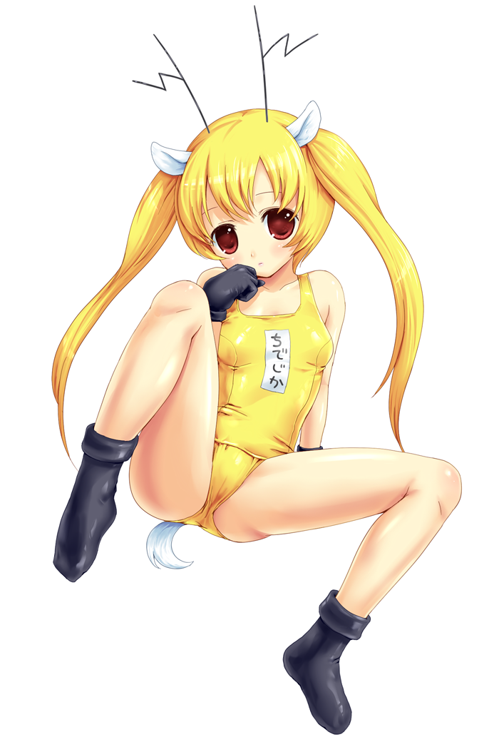 xai, chidejika, japan commercial broadcasters association, bad id, bad pixiv id, 1girl, animal ears, antlers, blonde hair, blush, deer antlers, female focus, gloves, horns, long hair, one-piece swimsuit, red eyes, school swimsuit, socks, solo, spread legs, swimsuit, tail, twintails, yellow one-piece swimsuit