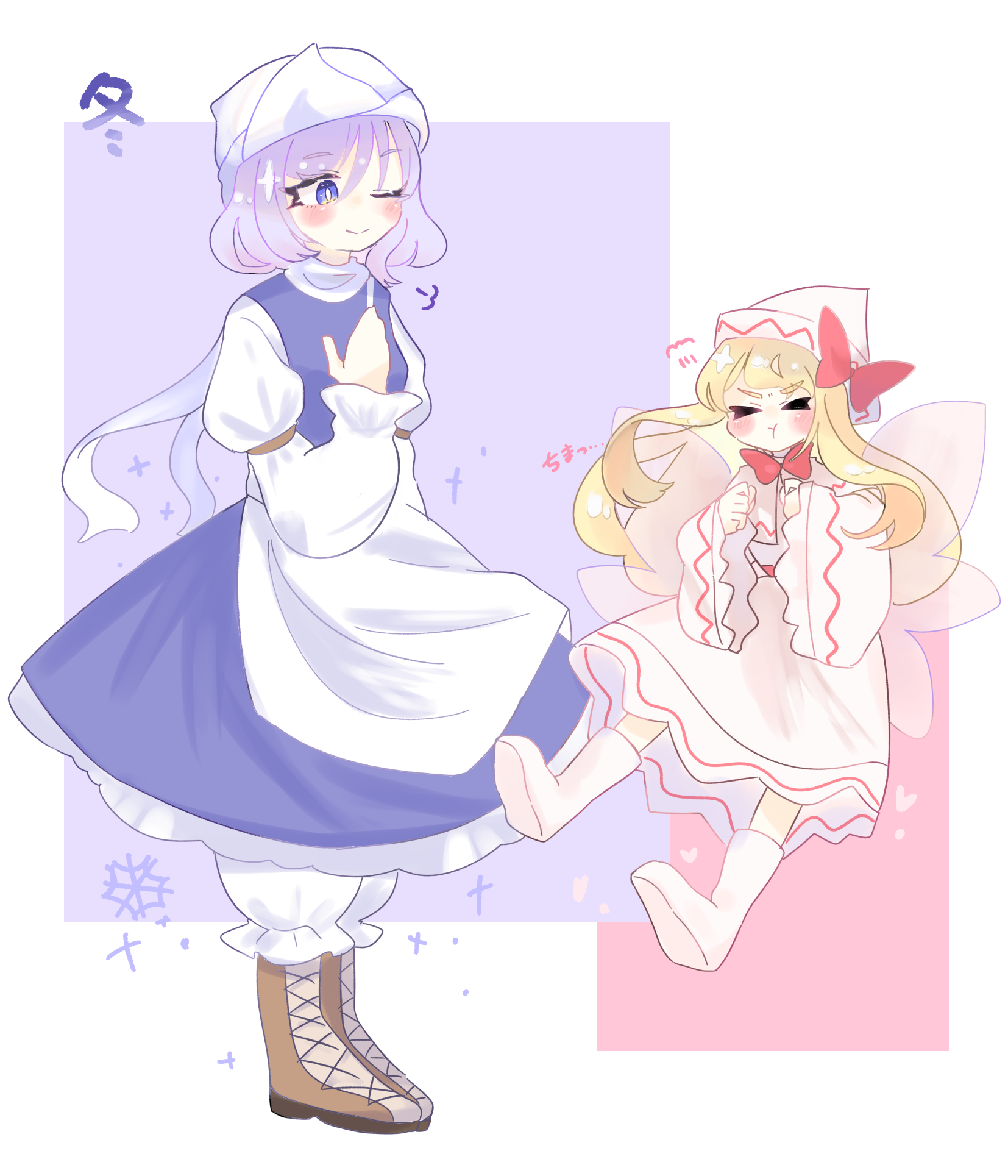 chokomaron, letty whiterock, lily white, touhou, commentary, highres, 2girls, ;), apron, blonde hair, bloomers, blue skirt, blue vest, blush, boots, bow, bright pupils, brown boots, capelet, cherry blossoms, clenched hands, closed eyes, dress, fairy, fairy wings, floating, hat, hat bow, height difference, lace-up boots, long hair, long sleeves, looking at another, multiple girls, one eye closed, pout, puff of air, purple hair, red bow, shirt, short hair, skirt, skirt set, smile, snowflakes, straight hair, underwear, vest, white apron, white bloomers, white boots, white capelet, white dress, white hat, white pupils, white shirt, wings
