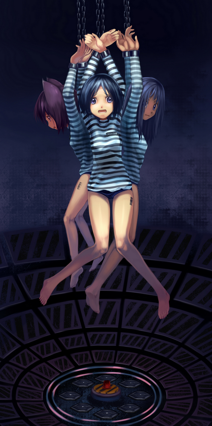 observerz, original, bad id, bad pixiv id, highres, 3girls, animal ears, artistic error, barcode, barefoot, bdsm, blue hair, bondage, bound, chain, child, feet, legs, multiple girls, panties, prison, purple hair, short hair, soles, suspension, toes, underwear, wrong hand
