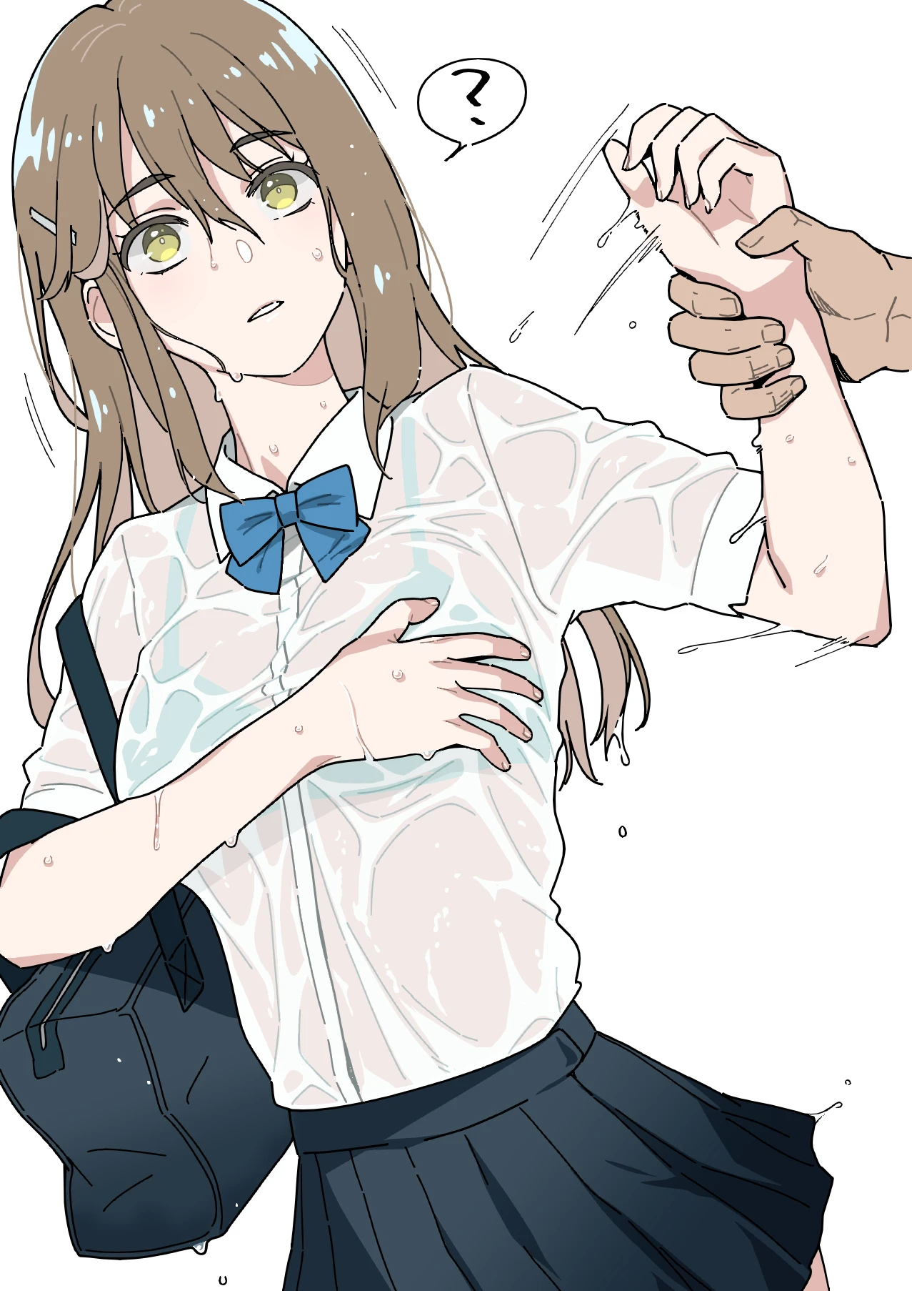 hige bear, original, highres, webp-to-png conversion, 1boy, 1girl, ?, blue bow, blue bowtie, bowtie, bra, brown hair, collared shirt, covering breasts, covering privates, green eyes, hair between eyes, holding another's wrist, long hair, parted lips, pleated skirt, see-through clothes, see-through shirt, shirt, shirt tucked in, short sleeves, simple background, skirt, solo focus, spoken question mark, underwear, wet, wet clothes, wet hair, wet shirt, white background