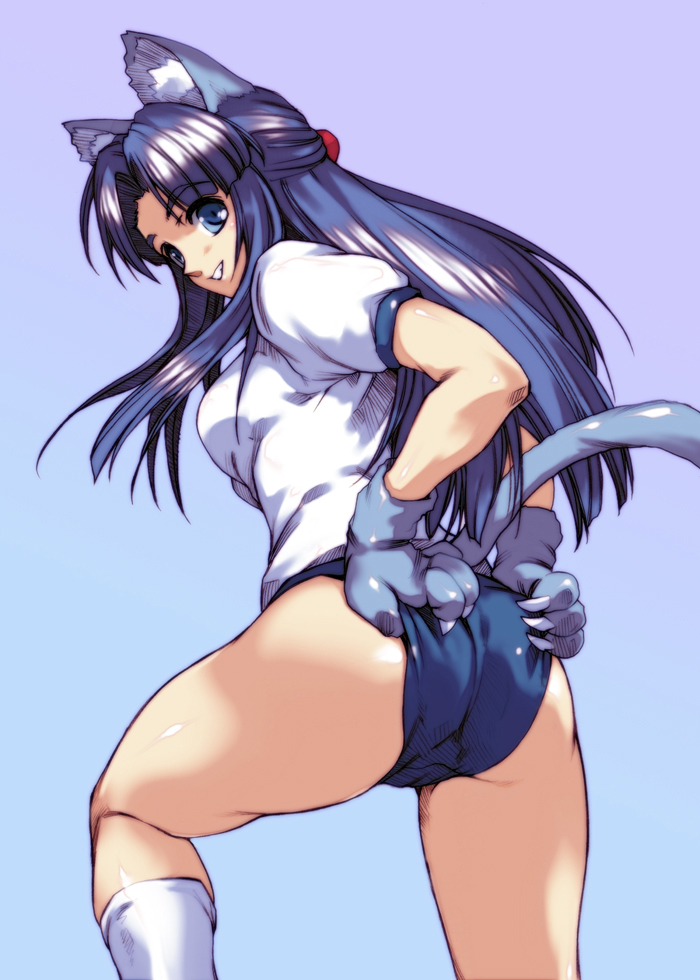 hisahiko, asakura ryoko, suzumiya haruhi no yuuutsu, 00s, 1girl, adjusting buruma, adjusting clothes, animal ears, animal hands, ass, blue eyes, blue hair, buruma, cat ears, cat paws, cat tail, female focus, gym uniform, long hair, looking back, socks, solo, tail, white socks