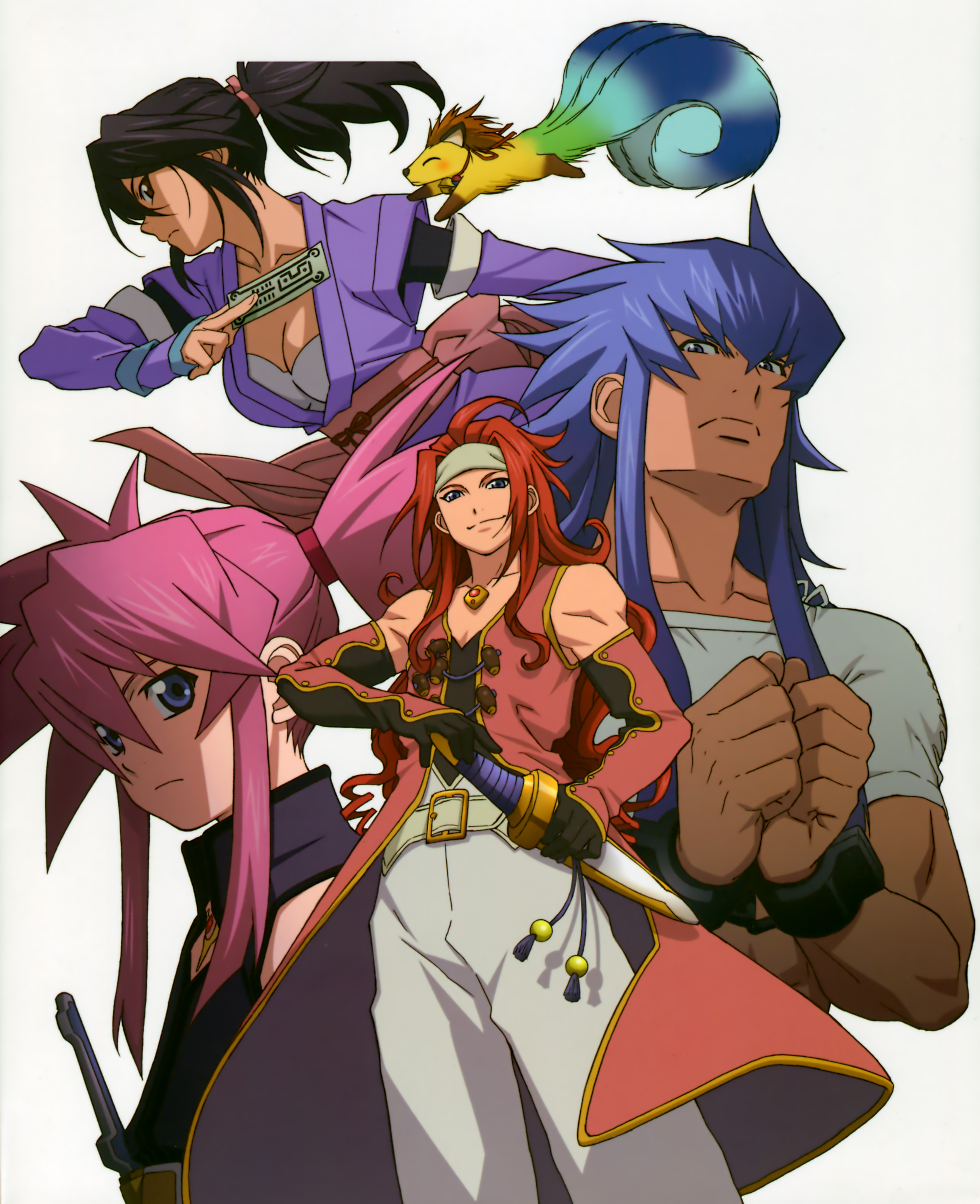 corrine, fujibayashi sheena, presea combatir, regal bryan, zelos wilder, tales of (series), tales of symphonia, absurdres, highres, official art, 00s, 2boys, 2girls, black hair, blue eyes, blue hair, brown eyes, cuffs, handcuffs, long hair, multiple boys, multiple girls, pink hair, ponytail, red hair, sheath, smile, sword, twintails, weapon