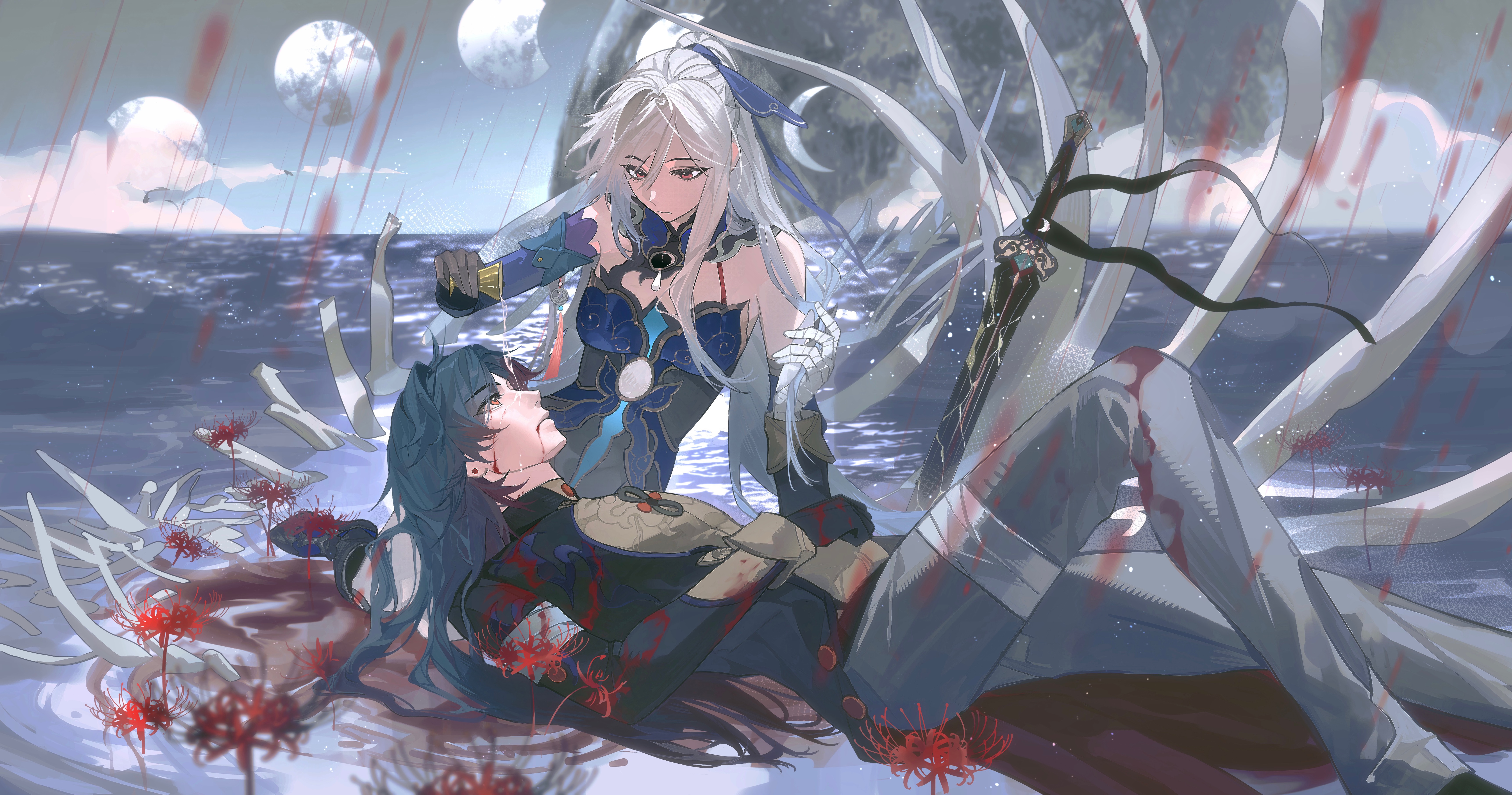 blade (honkai: star rail), jingliu (honkai: star rail), honkai: star rail, honkai (series), absurdres, chinese commentary, highres, 1boy, 1girl, bandaged leg, bandages, bare shoulders, black gloves, black hair, blood, blood from mouth, blood on clothes, blood on face, blood splatter, bloody tears, blue dress, blue ribbon, blurry, blurry background, china dress, chinese clothes, closed mouth, couple, detached collar, dress, ear piercing, from side, gloves, grey hair, grey pants, hair between eyes, hair ribbon, head tilt, hetero, leaning to the side, long hair, long sleeves, looking at another, looking down, looking up, lying, lying on person, on back, outdoors, pants, piercing, red eyes, ribbon, shade, sitting, yanhuitangqian