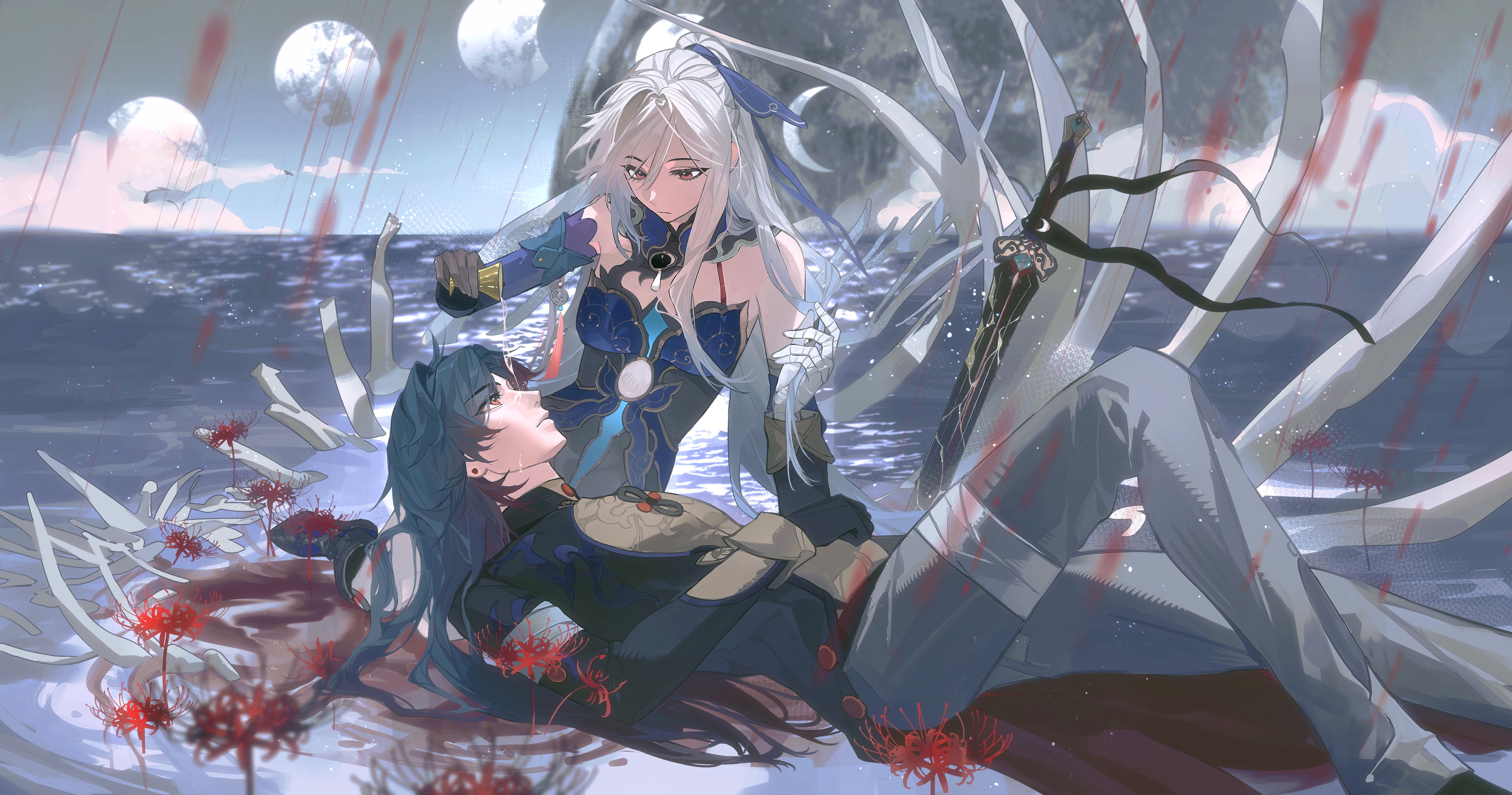 blade (honkai: star rail), jingliu (honkai: star rail), honkai: star rail, honkai (series), absurdres, chinese commentary, highres, 1boy, 1girl, bandaged leg, bandages, bare shoulders, black gloves, black hair, blood, blood from mouth, blood on clothes, blood on face, blood splatter, bloody tears, blue dress, blue ribbon, blurry, blurry background, china dress, chinese clothes, closed mouth, couple, detached collar, dress, ear piercing, from side, gloves, grey hair, grey pants, hair between eyes, hair ribbon, head tilt, hetero, leaning to the side, long hair, long sleeves, looking at another, looking down, looking up, lying, lying on person, on back, outdoors, pants, parted bangs, piercing, red eyes, ribbon, shade, sitting, yanhuitangqian
