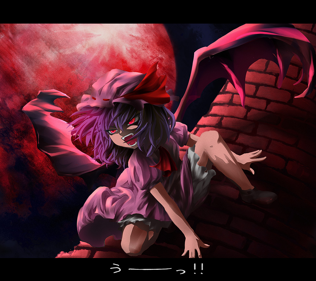 aduman, ganmen2525, remilia scarlet, touhou, bad id, bad pixiv id, 1girl, bat wings, fangs, female focus, glowing, glowing eyes, hat, letterboxed, moon, night, open mouth, pink eyes, purple hair, red moon, solo, wings