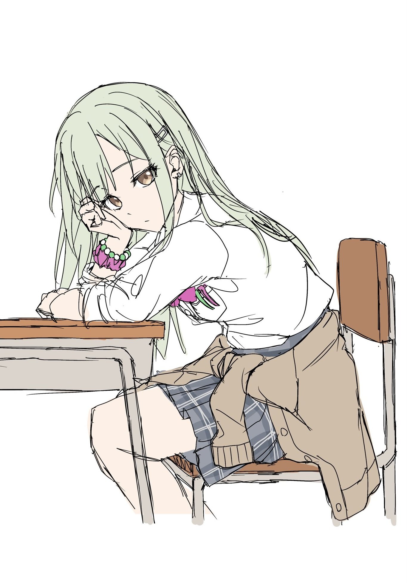 kurare 0725, wakaba mutsumi, bang dream!, bang dream! it's mygo!!!!!, chinese commentary, commentary request, highres, 1girl, :/, alternate costume, arm on table, arm rest, bead bracelet, beads, bow, bowtie, bracelet, breast pocket, brown cardigan, cardigan, cardigan around waist, chair, closed mouth, clothes around waist, cropped legs, desk, dress shirt, earrings, elbow on table, elbow rest, expressionless, flat color, from side, green hair, grey skirt, gyaru, hair ornament, hairclip, hand on own face, head rest, hunched over, jewelry, kogal, long hair, long sleeves, looking at viewer, miniskirt, object in pocket, on chair, pink bow, pink bowtie, pink scrunchie, plaid clothes, plaid skirt, pleated skirt, pocket, school chair, school desk, school uniform, scrunchie, shirt, shirt tucked in, simple background, sitting, sketch, skirt, solo, straight hair, stud earrings, turning head, white background, white shirt, winter uniform, wrist scrunchie, yellow eyes