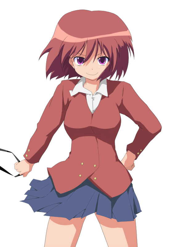 oyashimakanya, kushieda minori, toradora!, 00s, 1girl, blazer, bob cut, breasts, female focus, jacket, miniskirt, pleated skirt, purple eyes, red hair, school uniform, short hair, simple background, skirt, smile, solo, standing