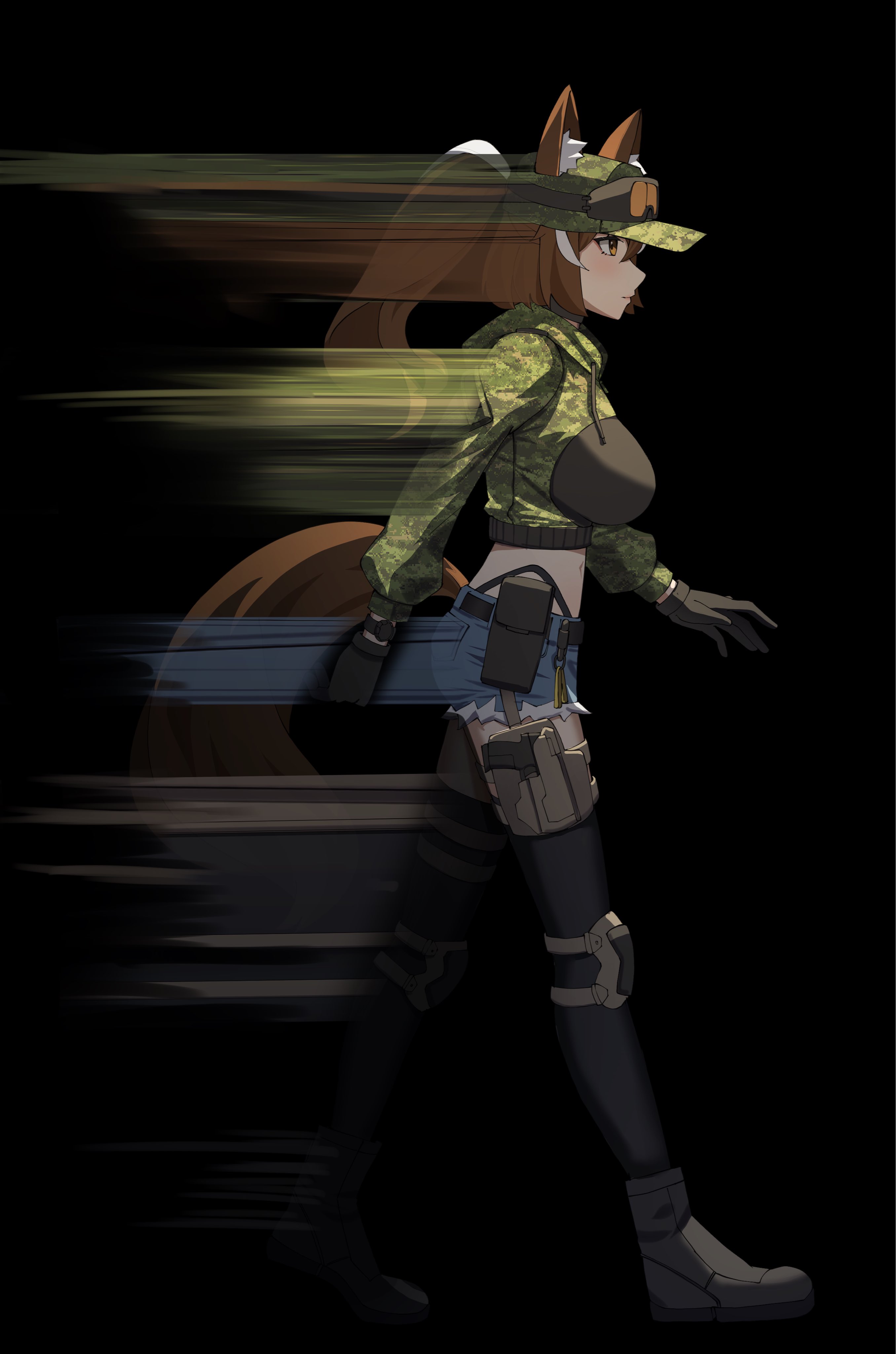 gar32, callisto (greyeth), original, absurdres, commentary, commission, english commentary, highres, second-party source, 1girl, animal ears, black background, black boots, black gloves, black thighhighs, blue shorts, boots, breasts, brown eyes, brown hair, closed mouth, ears through headwear, fox ears, fox girl, fox tail, from side, full body, gloves, goggles, goggles on headwear, green hat, green jacket, gun, hat, jacket, knee guards, large breasts, long hair, long sleeves, looking ahead, midriff, motion blur, multicolored hair, ponytail, pouch, profile, short shorts, shorts, simple background, solo, streaked hair, tail, thighhighs, walking, weapon, weapon in legwear, white streaks