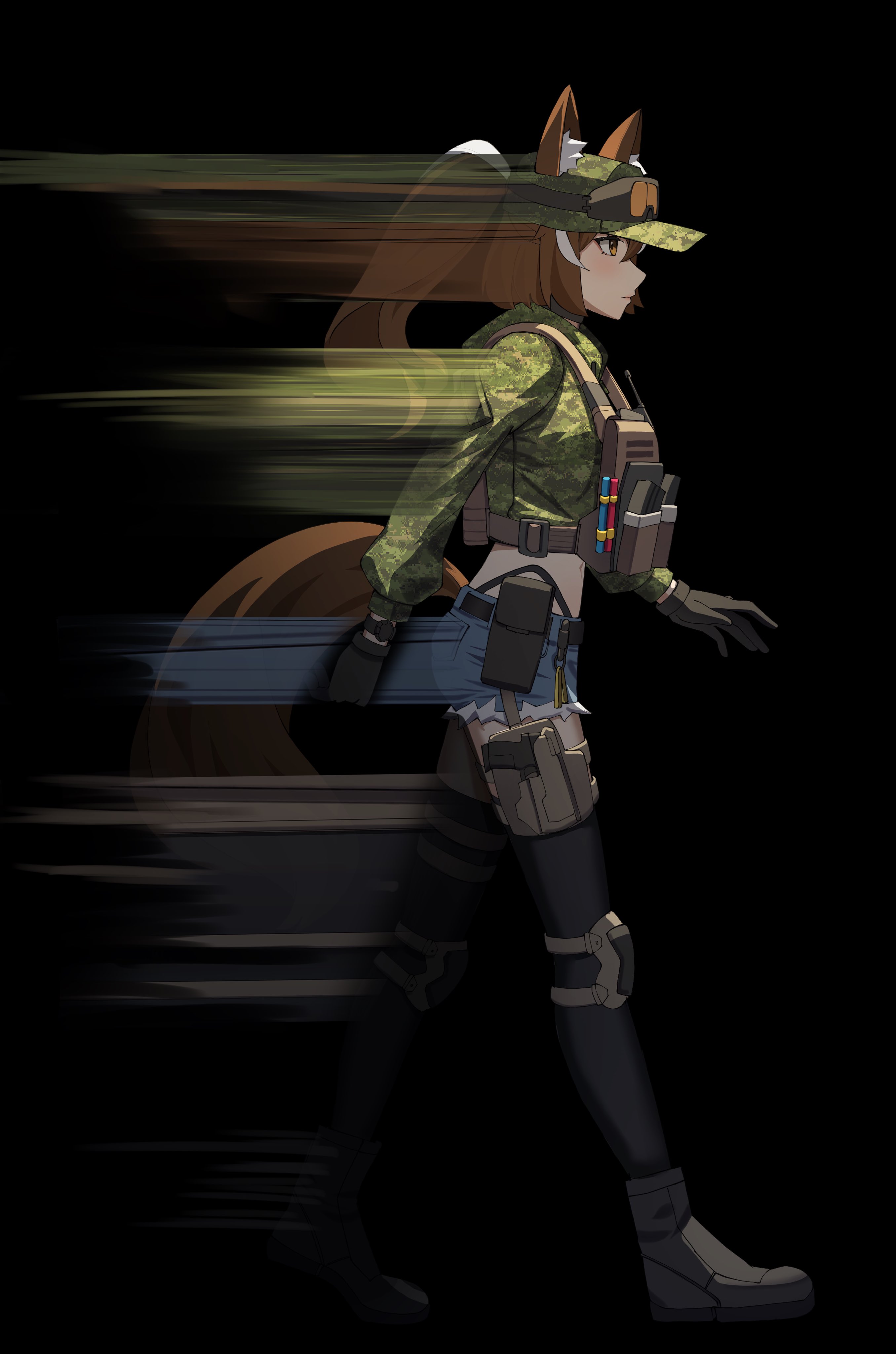 gar32, callisto (greyeth), original, absurdres, commentary, commission, english commentary, highres, second-party source, 1girl, animal ears, black background, black boots, black gloves, black thighhighs, blue shorts, boots, brown eyes, brown hair, bulletproof vest, closed mouth, ears through headwear, fox ears, fox girl, fox tail, from side, full body, gloves, goggles, goggles on headwear, green hat, green jacket, gun, hat, jacket, knee guards, long hair, long sleeves, looking ahead, midriff, motion blur, multicolored hair, ponytail, pouch, profile, short shorts, shorts, simple background, solo, streaked hair, tail, thighhighs, walking, weapon, weapon in legwear, white streaks