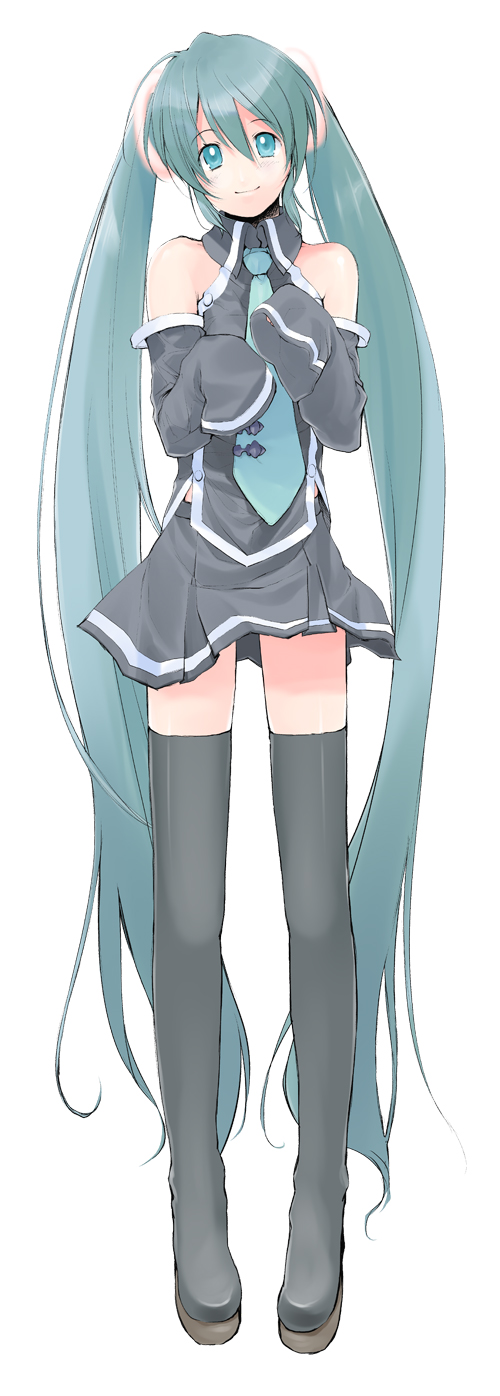 yaguchiya, yaguchiya tomoshi, hatsune miku, vocaloid, bad id, bad pixiv id, highres, 1girl, aqua eyes, aqua hair, bare shoulders, detached sleeves, female focus, long hair, long sleeves, necktie, smile, solo, thighhighs, twintails, very long hair
