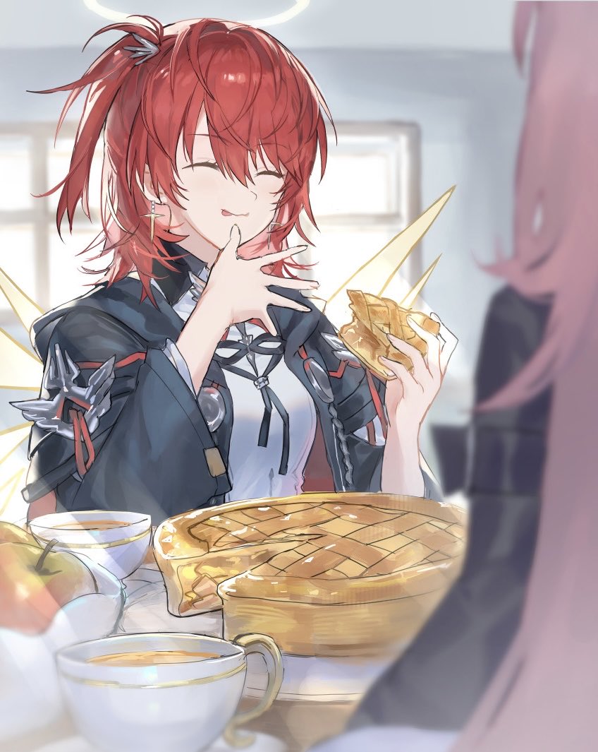 pimi, exusiai (arknights), exusiai the new covenant (arknights), lemuen (arknights), arknights, commentary request, 2girls, angel, apple, apple pie, black jacket, breasts, cup, detached wings, eating, food, fruit, halo, holding, holding food, indoors, jacket, licking lips, long hair, medium breasts, multiple girls, pie, pie slice, pink hair, red hair, shirt, short hair, siblings, side ponytail, sisters, tongue, tongue out, very long hair, white shirt, wings