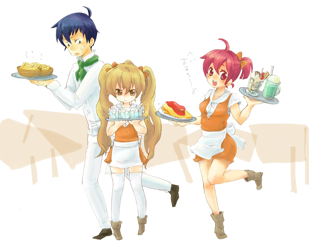 tomatoma (remomon), aisaka taiga, kushieda minori, takasu ryuuji, toradora!, bad id, bad pixiv id, translation request, 00s, 1boy, 2girls, alternate hairstyle, brown hair, multiple girls, thighhighs, twintails