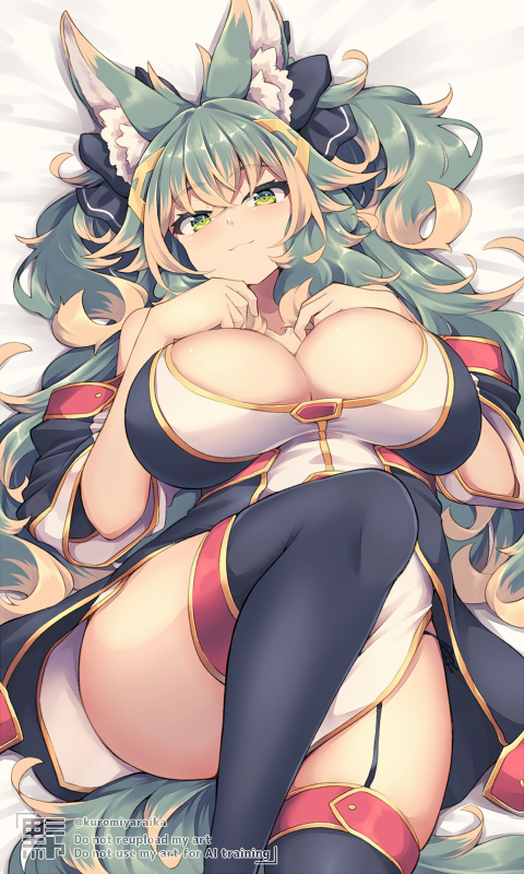 kuromiya, kuromiya raika (kuromiya), original, commentary request, 1girl, animal ear fluff, animal ears, black thighhighs, breasts, cleavage, closed mouth, detached sleeves, green eyes, green hair, large breasts, looking at viewer, lying, multicolored hair, on back, orange hair, smile, solo, thighhighs, thighs, two-tone hair