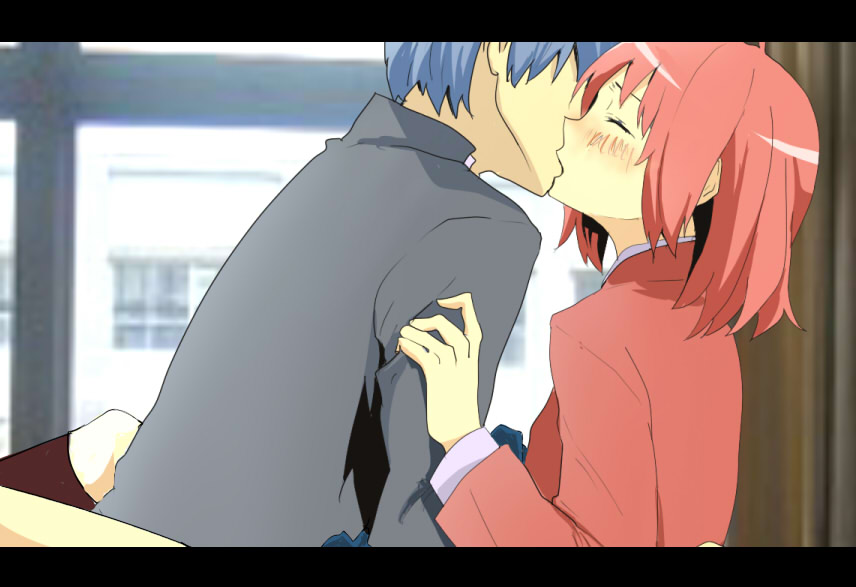 kenshin (pixiv27850), kushieda minori, takasu ryuuji, toradora!, bad id, bad pixiv id, 00s, 1boy, 1girl, blue hair, blush, closed eyes, couple, good end, hetero, kiss, leg lock, letterboxed, pink hair, school uniform, short hair
