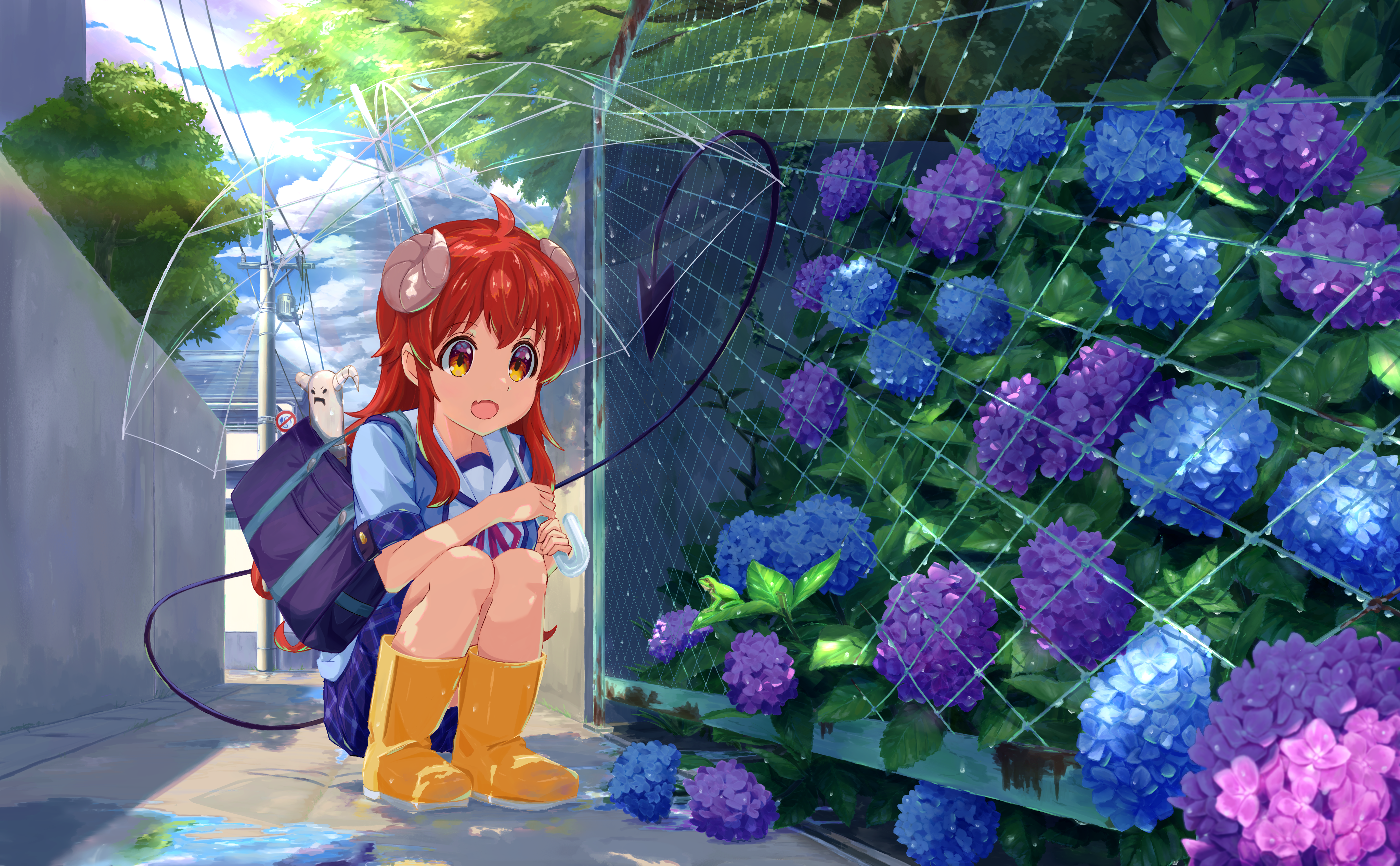 lilith (machikado mazoku), lilith (statue) (machikado mazoku), yoshida yuuko, machikado mazoku, absurdres, highres, 1girl, ahoge, bag, black tail, blue flower, blue shirt, blue skirt, boots, buttoned cuffs, buttons, chain-link fence, cloud, curled horns, day, demon girl, demon tail, fang, fence, flower, frog, hiromu (hiromu920142372), holding, holding umbrella, horns, hydrangea, long hair, looking at animal, open mouth, outdoors, plaid clothes, plaid skirt, puddle, purple flower, rainbow, red hair, red ribbon, ribbon, rubber boots, sailor collar, scenery, school bag, school uniform, shirt, short sleeves, shoulder bag, sidelocks, skin fang, skirt, solo, squatting, tail, transparent, transparent umbrella, tree, umbrella, white sailor collar, yellow boots, yellow eyes