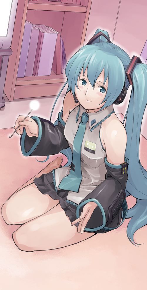 yaguchiya, yaguchiya tomoshi, hatsune miku, vocaloid, bad id, bad pixiv id, 1girl, aqua eyes, aqua hair, bare shoulders, barefoot, blush, detached sleeves, female focus, headset, kneeling, lap pillow invitation, long hair, mimikaki, necktie, smile, solo, square-end necktie, twintails, very long hair