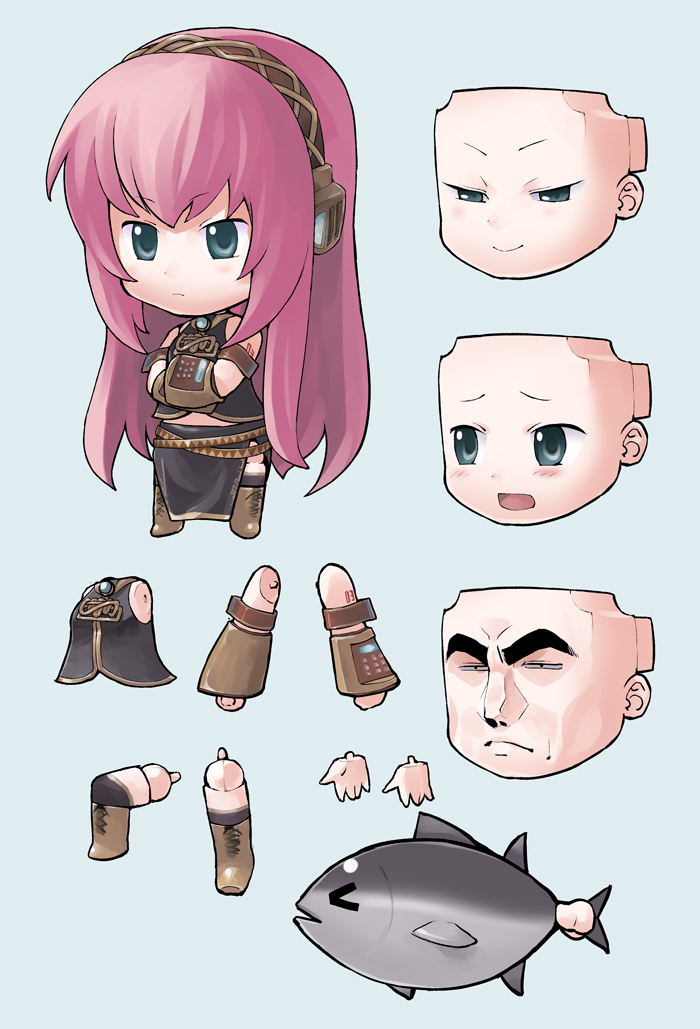 yaguchiya, yaguchiya tomoshi, duke tougou, megurine luka, golgo 13, nendoroid, vocaloid, bad id, bad pixiv id, 1girl, bare shoulders, blue eyes, chibi, crossed arms, detached sleeves, doll joints, female focus, figure, fish, headset, joints, long hair, pink hair, serious, smirk, solo, tuna, very long hair
