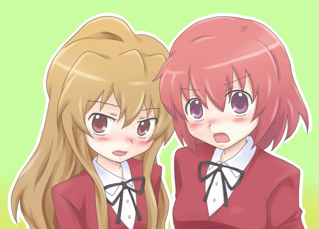navy (artist), aisaka taiga, kushieda minori, toradora!, 00s, 2girls, blush, breasts, brown eyes, brown hair, female focus, long hair, looking at viewer, multiple girls, purple eyes, red hair, school uniform, shirt, short hair