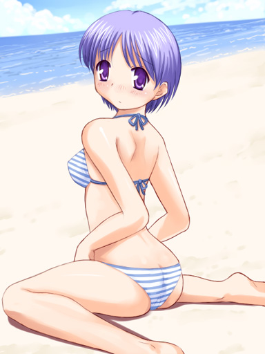 katatsuka kouji, tachibana chihiro, tsuki wa higashi ni hi wa nishi ni, bad id, bad pixiv id, 00s, 1girl, ass, barefoot, beach, bikini, cloud, day, female focus, kneeling, looking back, outdoors, purple eyes, purple hair, short hair, sitting, solo, striped bikini, striped clothes, swimsuit, wariza
