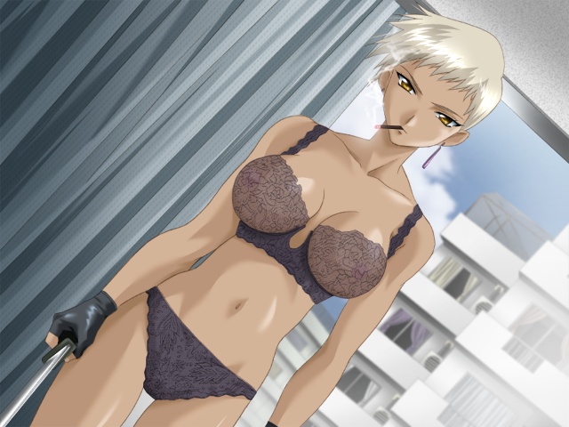 assassin ann, silver hair, game cg, 1girl, black bra, black panties, bra, breasts, cigarette, dark-skinned female, dark skin, dutch angle, female focus, gloves, knife, lingerie, panties, see-through clothes, short hair, smoking, solo, underwear, underwear only