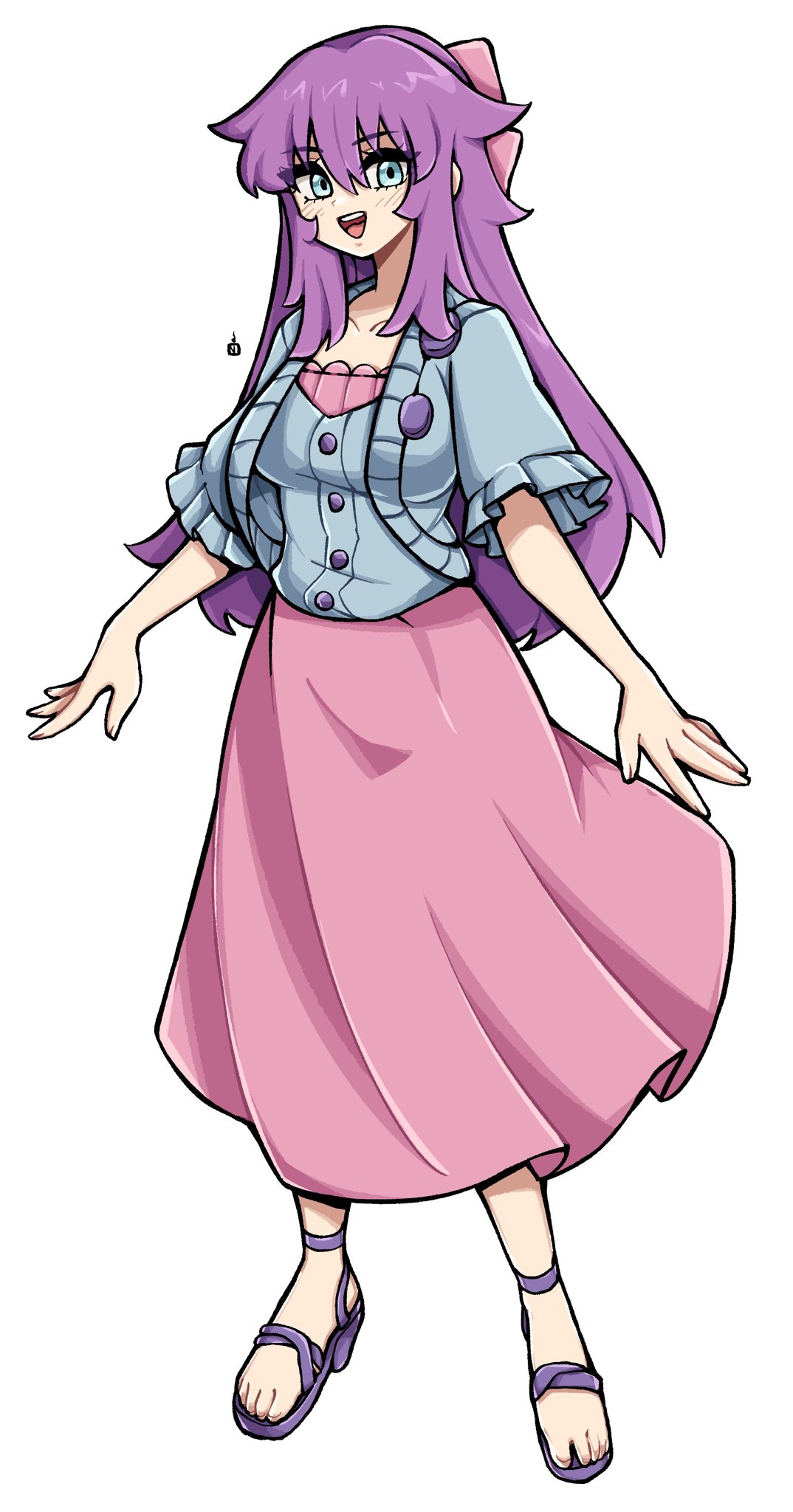 oninuer, original, commentary, commission, english commentary, highres, 1girl, blue eyes, blue shirt, breasts, choppy bangs, full body, hair between eyes, long hair, long skirt, looking at viewer, medium breasts, open mouth, pink skirt, purple hair, purple sandals, sandals, shirt, short sleeves, simple background, skirt, smile, solo, standing, white background