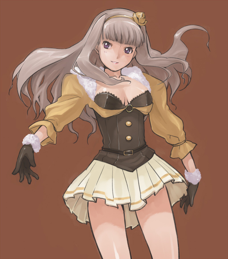 yaguchiya, yaguchiya tomoshi, 961 production, shijou takane, idolmaster, idolmaster (classic), bad id, bad pixiv id, 00s, 1girl, blunt bangs, breasts, cleavage, female focus, gloves, grey hair, hair ornament, hairband, hime cut, lipstick, long hair, makeup, miniskirt, pleated skirt, purple eyes, sidelocks, simple background, skirt, smile, solo, standing