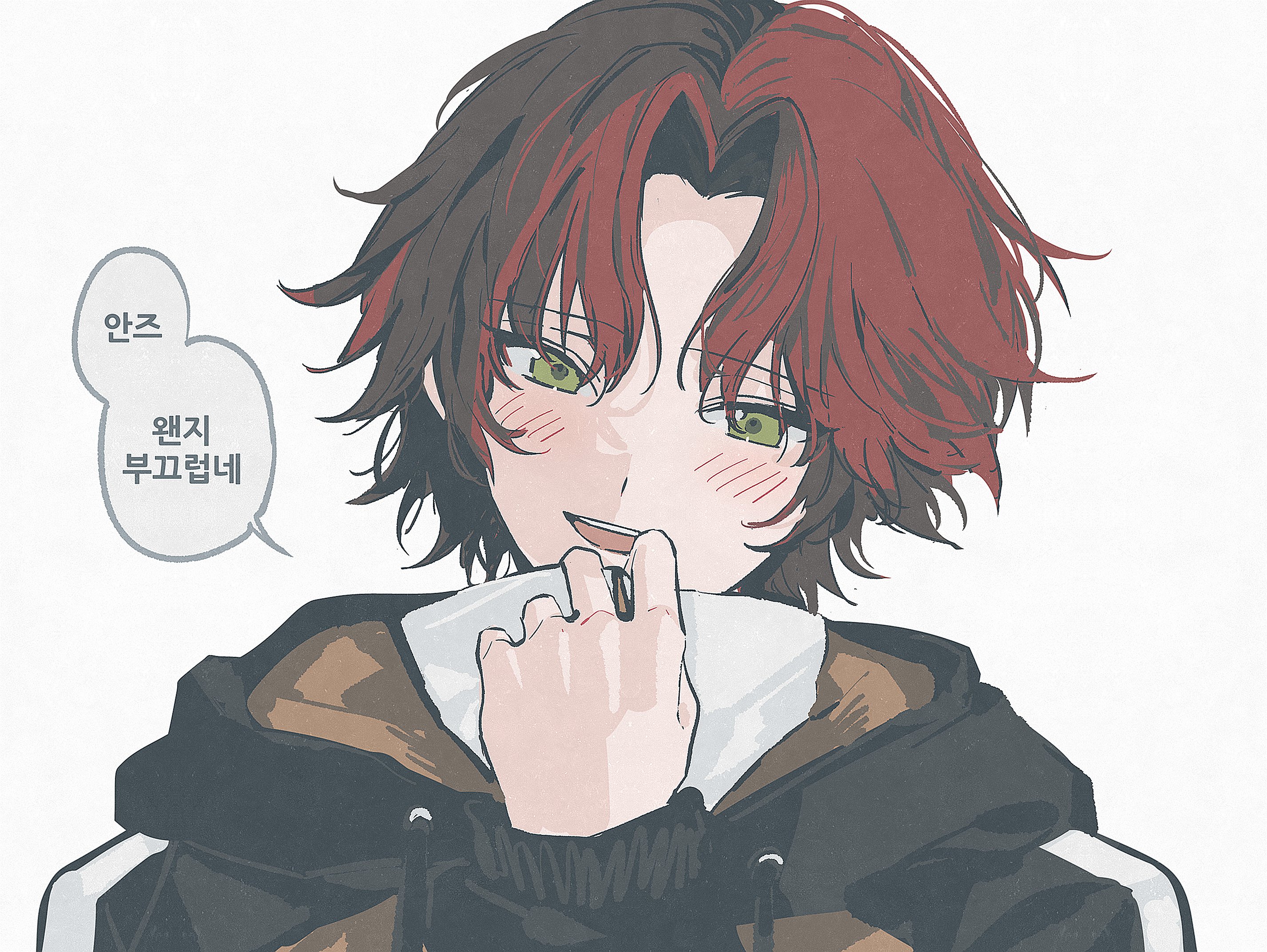 eichi turnr, isara mao, ensemble stars!, highres, translation request, 1boy, blush, drawstring, green eyes, hand up, hood, hood down, hooded jacket, jacket, korean text, long sleeves, looking at viewer, male focus, official alternate hairstyle, open mouth, purple hair, short hair, simple background, solo, speech bubble, teeth, upper body, upper teeth only, white background