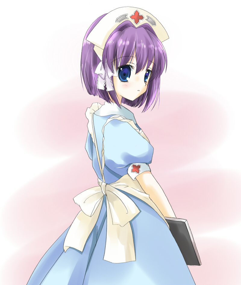 haruno (macoro), fujibayashi ryou, clannad, 00s, blue eyes, clipboard, looking back, nurse, purple hair, short hair