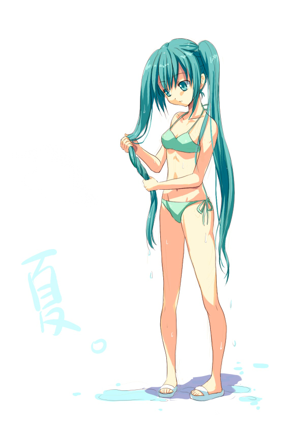 xiangtu, hatsune miku, vocaloid, bad id, bad pixiv id, 1girl, aqua eyes, aqua hair, bikini, female focus, green eyes, green hair, long hair, matching hair/eyes, navel, sandals, side-tie bikini bottom, simple background, solo, swimsuit, twintails, very long hair, wet, wet hair