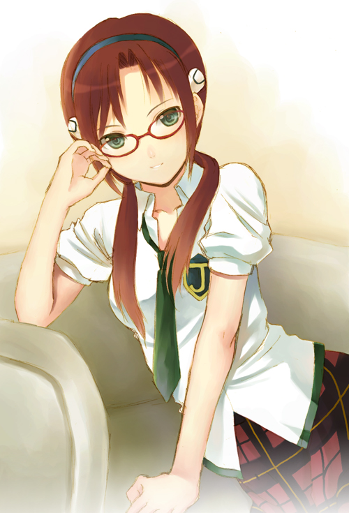 seiru (prairie), makinami mari illustrious, neon genesis evangelion, rebuild of evangelion, 00s, 1girl, adjusting eyewear, arm support, brown hair, female focus, glasses, green eyes, hairband, necktie, plaid clothes, plaid skirt, school uniform, skirt, smile, solo, twintails