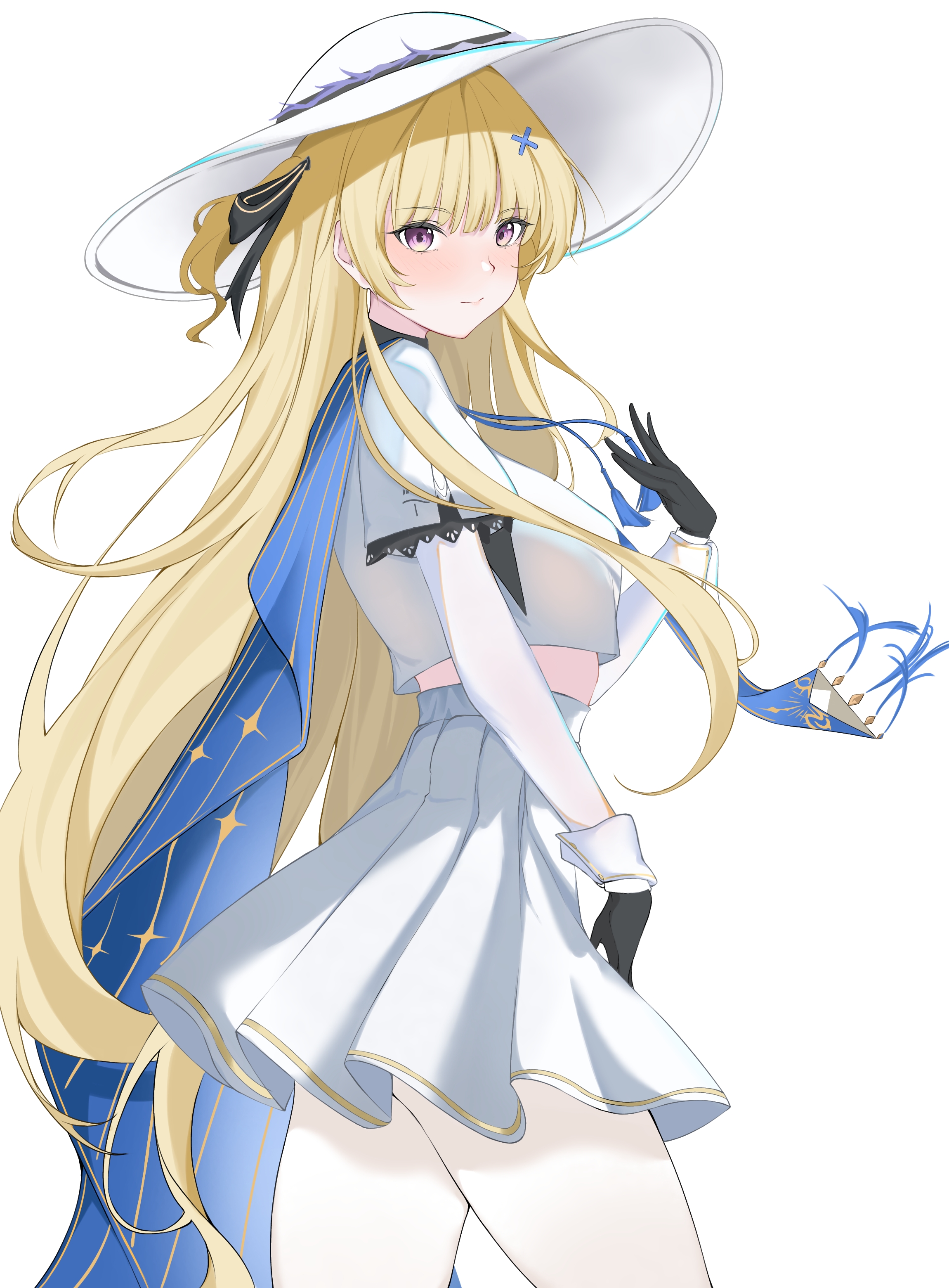 phoebe (wuthering waves), wuthering waves, absurdres, commentary, highres, 1girl, black gloves, blonde hair, blush, from side, gloves, hair ornament, hand up, hat, long hair, long sleeves, looking at viewer, looking to the side, pantyhose, purple eyes, shirt, sifffl, simple background, skirt, solo, white background, white hat, white pantyhose, white shirt, white skirt, x hair ornament