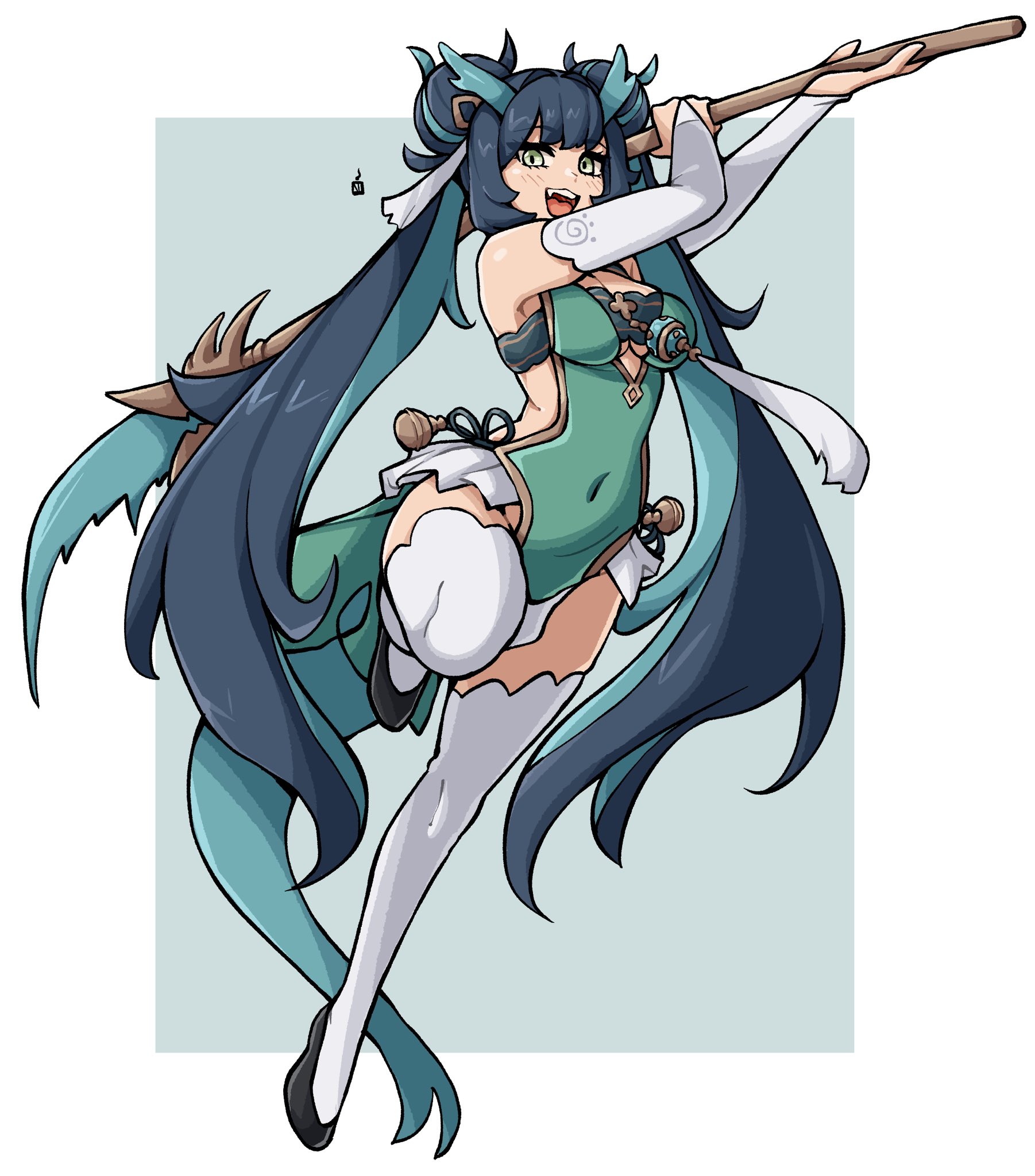 oninuer, original, commentary, commission, english commentary, highres, 1girl, arms up, black shoes, blue background, blue hair, border, breasts, bridal gauntlets, choppy bangs, covered navel, double bun, dress, full body, green dress, green eyes, hair bun, holding, holding polearm, holding weapon, long hair, looking at viewer, medium breasts, miniskirt, multicolored hair, open mouth, outside border, polearm, shoes, skirt, sleeveless, sleeveless dress, smile, solo, thighhighs, twintails, two-tone hair, very long hair, weapon, white border, white bridal gauntlets, white skirt, white thighhighs