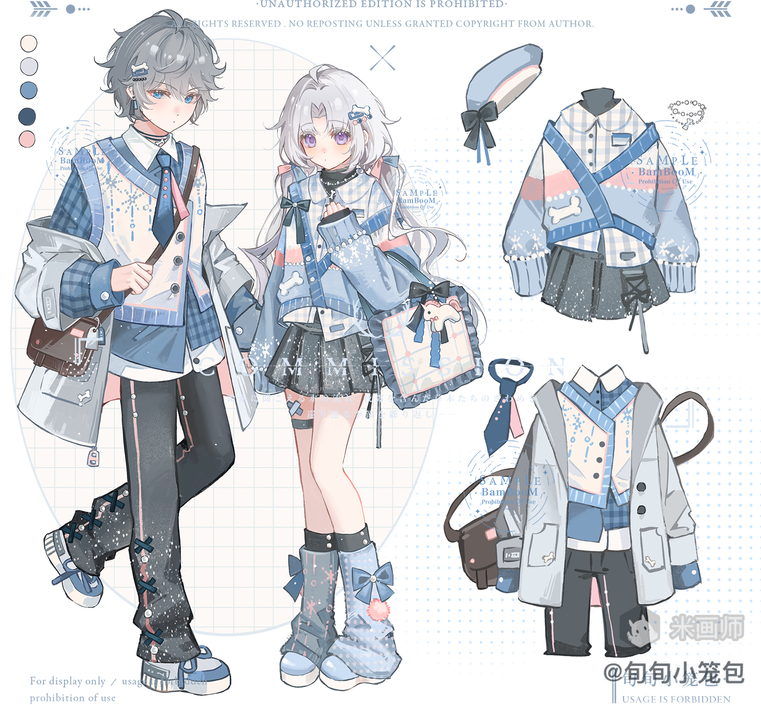 original, commission, highres, 1boy, 1girl, ahoge, black pants, blue eyes, blue necktie, blue shirt, blue shoes, blue socks, closed mouth, collared shirt, color guide, full body, grey hair, grey skirt, hand up, long hair, long sleeves, looking at viewer, mihuashi username, necktie, pants, parted bangs, pleated skirt, purple eyes, sample watermark, shirt, shoes, short hair, skirt, socks, standing, standing on one leg, vest, watermark, white background, white hair, white vest, xun xun xiaolongbao
