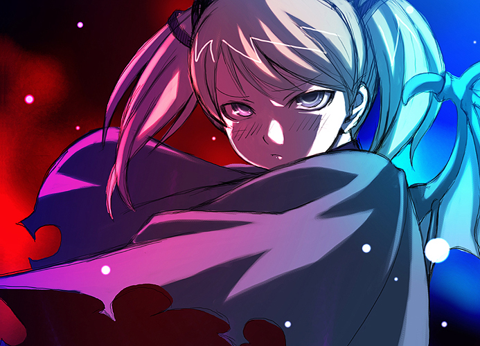 tasaka shinnosuke, casper (deathsmiles), cave (developer), deathsmiles, 1girl, bat wings, blonde hair, blue eyes, cape, female focus, solo, twintails, wings