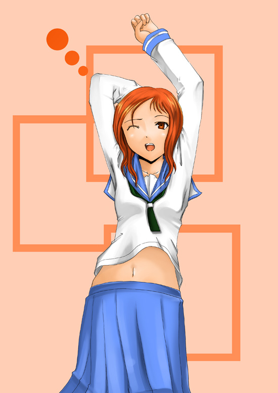 aona (anagasaki), takei hisa, saki (manga), bad id, bad pixiv id, 00s, 1girl, brown eyes, cowboy shot, female focus, midriff, navel, one eye closed, open mouth, orange hair, pleated skirt, red eyes, red hair, school uniform, serafuku, skirt, solo, standing, stretching, wink, yawning